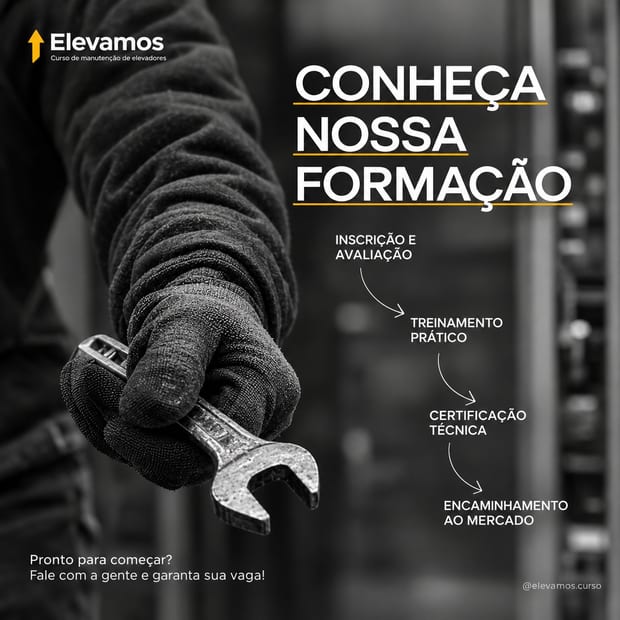 Peça da Elevamos com as etapas da formação: inscrição e avaliação, treinamento prático, certificação técnica e encaminhamento ao mercado.