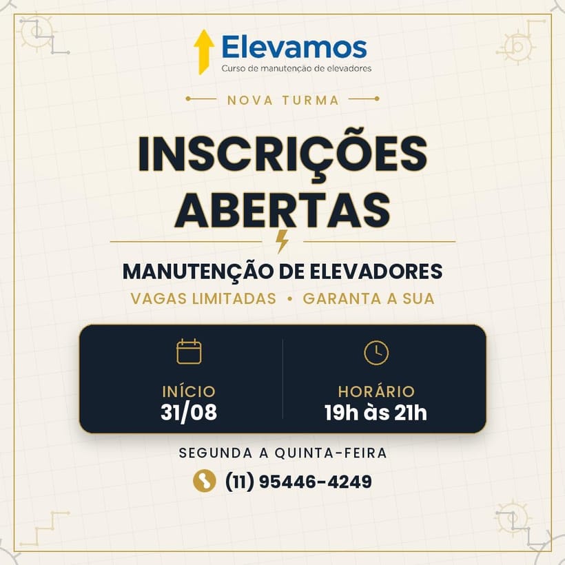 Arte da Elevamos anunciando inscrições abertas para nova turma, com data de início e horário.