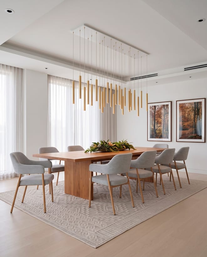 Sala de jantar com mesa de madeira, cadeiras cinza e pendentes dourados, ambientada com peças da Maria Pia Casa.
