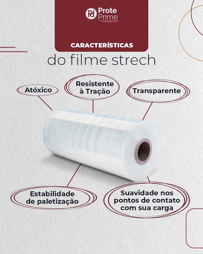 Peça da Prote Prime listando as características do filme stretch: atóxico, resistente à tração e transparente.