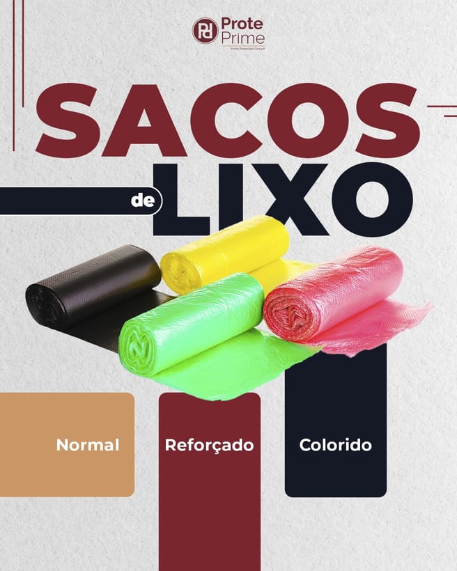Peça da Prote Prime sobre sacos de lixo, com rolos preto, amarelo, verde e rosa e as opções normal, reforçado e colorido.